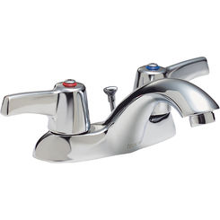 Click here to see Delta 21C453 Delta 21C453 Tech 2-Handle Cast Centerset Lavatory Faucet, Hooded Lever, ADA Strainer, VR Spray Outlet, 0.5 gpm, Chrome