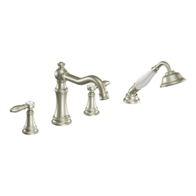 Moen TS21104BN Moen TS21104BN  Weymouth Two-Handle Diverter Roman Tub Faucet with Handheld Shower, Brushed Nickel