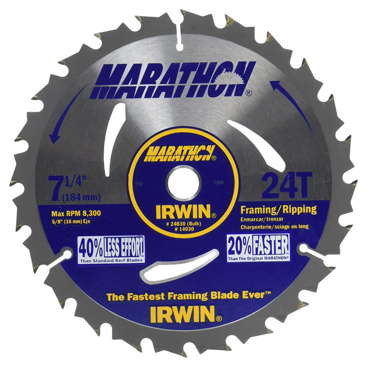 ~ IRWIN Marathon with Weldtec 7-1//4/" 24-T Carbide Circular Saw Blade 24035