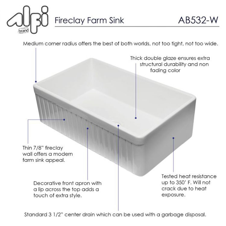 View 8 of Alfi AB532-W ALFI AB532-W Fluted Fireclay Farm-Style Kitchen Sink, White
