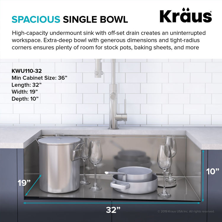 Kraus KWU11032 Kore Workstation 32" Undermount Stainless Steel Single