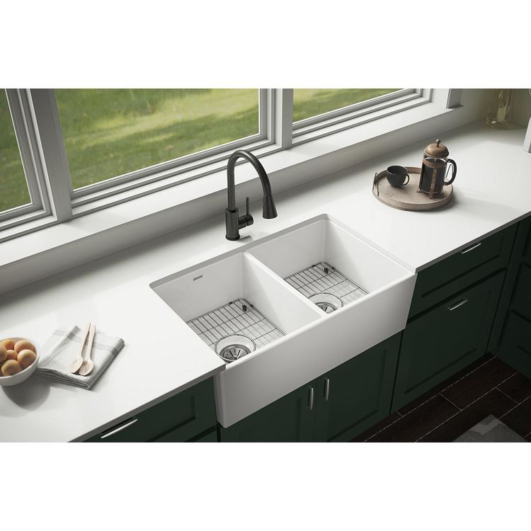 Elkay SWUF32189WHC Fireclay Double Bowl Farmhouse Sink Kit, 33
