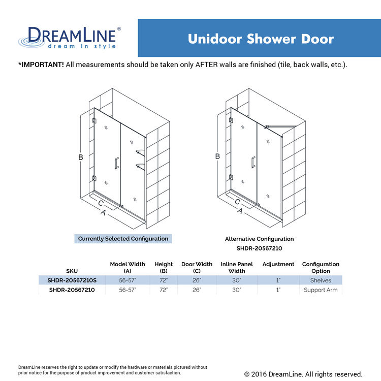 DreamLine Unidoor Min 56 in. to Max 57 in. Frameless Hinged Shower Door