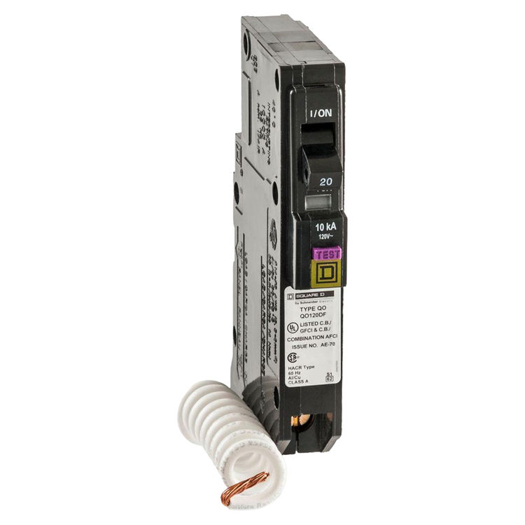 Square D QO120DFC CAFCI/GFCI Miniature Standard Circuit Breaker, 120 VAC, 20 A,