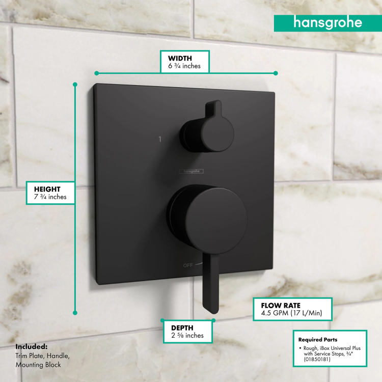 как выглядит Hansgrohe Ecostat Pressure Balance Trim, Matte Black, Square, 2-Outlet Shower фото